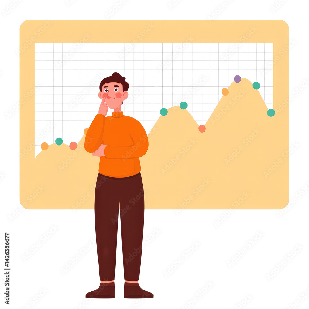 Poster businessman analyzing data trends with graph and expressions
