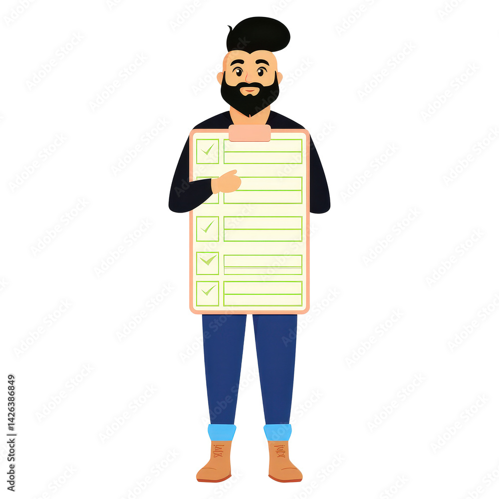 Poster cheerful man holding checklist with completed tasks and notes