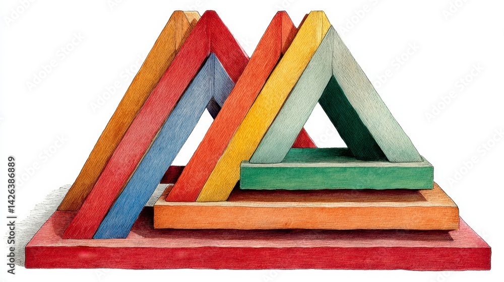 Poster abstract image of colorful interlocking triangles and squares on a white background.