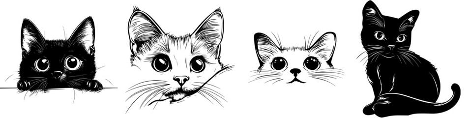 Fototapeta premium Set of hand-drawn cat icons showcasing various expressions and poses in a stylish black and white design