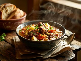 Hearty Beef Stew with Vegetables in Rustic Bowl on Wooden Table