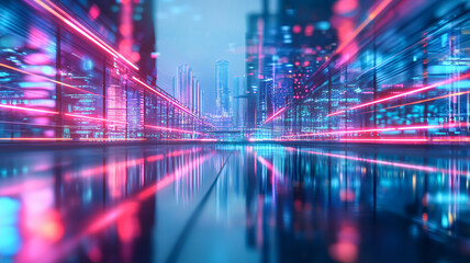 Obraz premium vibrant cityscape featuring neon lights and reflections, showcasing futuristic urban environment with glowing skyscrapers