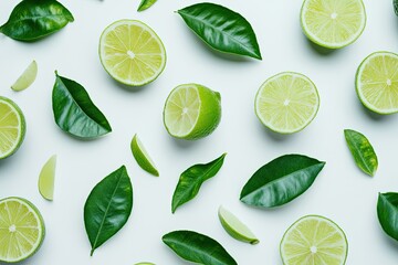 Limes and leaves arranged on white background.  Fresh, vibrant citrus pattern