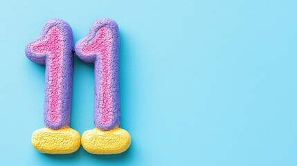 Celebratory number 11 cake decoration bright blue background digital art modern close-up view whimsical design