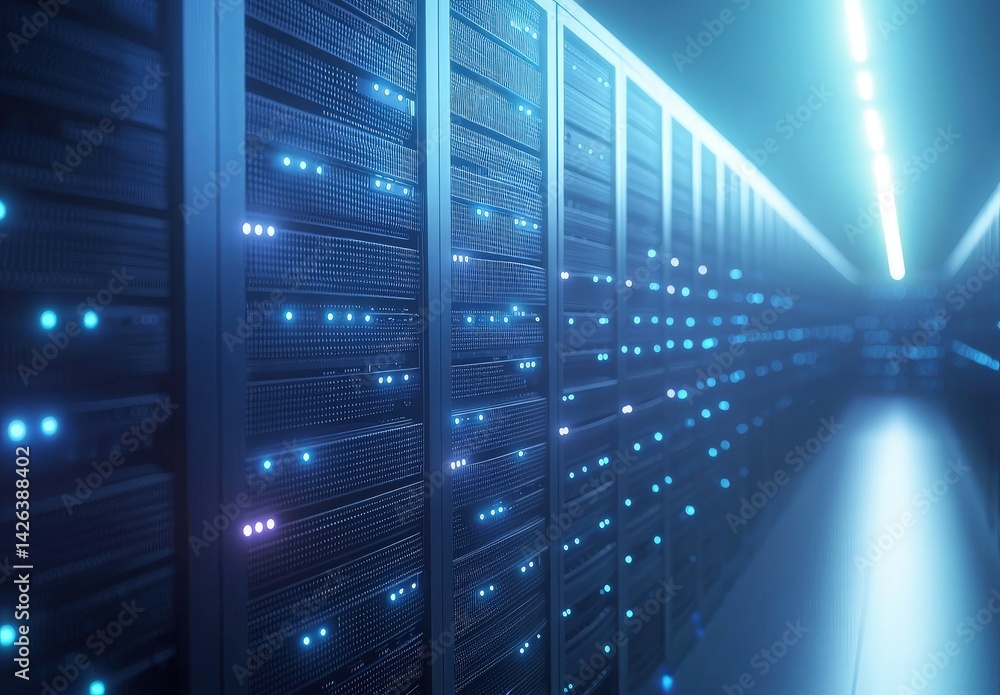 Poster Minimalist 3D render of a futuristic blue-lit server room with glowing nodes and a sleek corridor, perfect for cloud computing, AI infrastructure, and secure data environments
