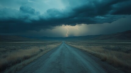 Dramatic lightning storm over a long, empty road in a vast, flat landscape.