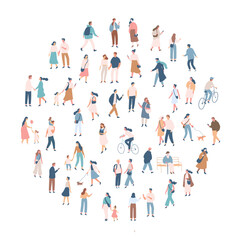 Stylized vector illustration of a mixed-age crowd in flat design. Parents, kids, and young people enjoying outdoor lifestyle — walking, talking, cycling. For backgrounds, infographics.