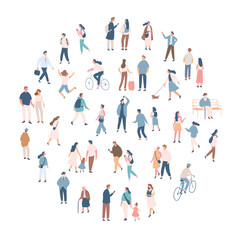 People crowd. Background flat design people vector bundle isolated on white background. Men and women, parents, kids walking outdoor.	