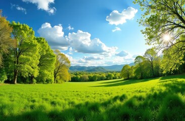 Naklejka premium Beautiful Landscape nature background panorama image of spring nature with surrounded by trees against a blue sky with clouds on a bright sunny day