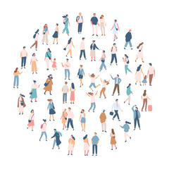 People crowd. Background flat design people vector bundle isolated on white background. Men and women, parents, kids walking outdoor.	