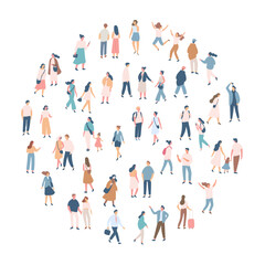 People crowd. Background flat design people vector bundle isolated on white background. Men and women, parents, kids walking outdoor.	