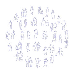Line art city people crowd big bundle isolated on white. Hand drawn City People vector set. Male and female characters set	