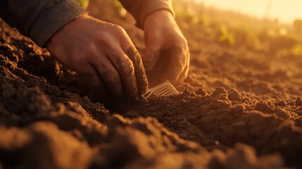 Close-up of a farmers hands working the soil with a small hand rake, smoothing out the earth to prepare for planting