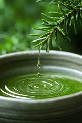 Close-up of a single drop of liquid falling into a green bowl, surrounded by a rosemary branch