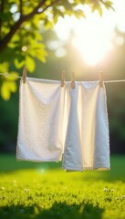 Crisp white sheets and towels flapping in the gentle morning sunlight on a clothesline, garden, sunshine