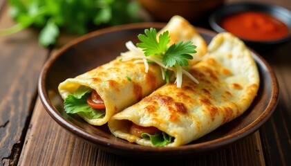 Crispy Banh Xeo crepe with bean sprouts and lettuce, grilled pork, vietnamese crepe