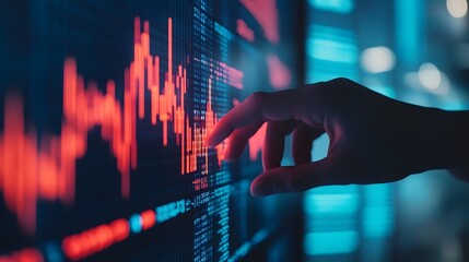 Hand Interacting with Holographic Market Graphs Symbolizing AI-Driven Financial Technology