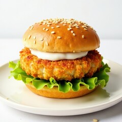 Crispy fish patty on a sesame seed bun, lettuce, and tartar sauce, seafood, sesame seeds