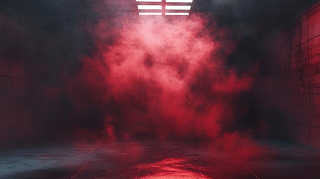 Red smoke fills a dark, empty room with concrete walls and a reflective floor.