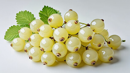Bunch Of Fresh White Currants With Green Leaves On White Background Studio Shot