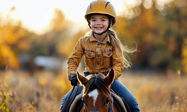 Happy girl riding a horse in autumn.