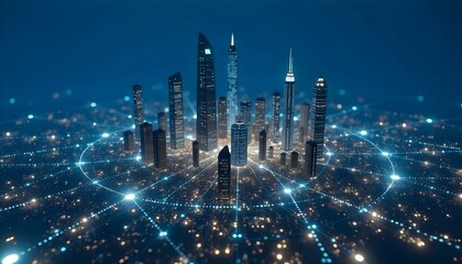 Fototapeta premium A futuristic cityscape with glowing networks, interconnected nodes, and digital web, the city is bathed in a cool blue light