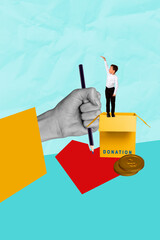 Template sketch trend artwork 3D photo collage of hand hold pen box donation young boy stand coins social relief charity giving donation