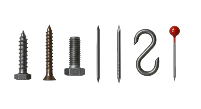 Diverse Hardware Collection: Screws, Bolts, Nails, Hook, and Pin Displayed on White