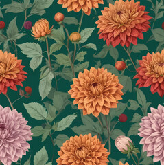 Seamless autumn floral pattern with dahlias