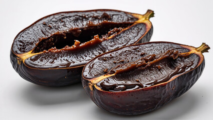 Two Halves Of A Zapote Negro Or Chocolate Pudding Fruit Isolated On White