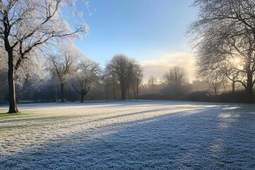 Frosty winter sunrise over a park, long shadows cast across a snow-covered field
