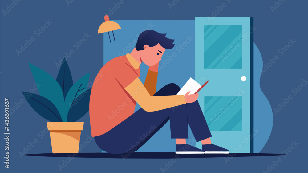 Poster a man sitting in a quiet corner journal in hand lost in thought as he reflects on the challenges and