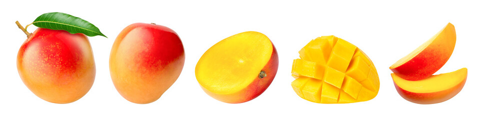 Set of mango fruits with slices isolated on white background.