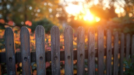 Rustic wooden fence at sunset, autumnal garden scenery