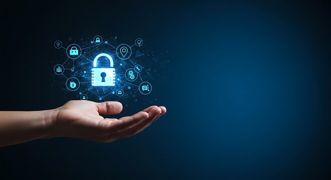Securing data: hand holding digital padlock against dark blue backdrop of technology