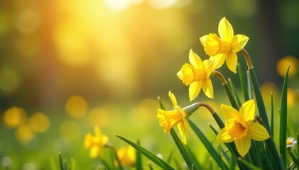 Fototapeta premium Daffodils and daisies unfolding in the warm sunlight, daisy, daffodil