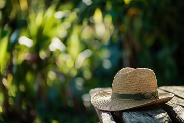 Rustic straw hat rests on weathered wooden planks in a sunlit garden.