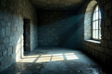 Obraz premium Dampness seeps from stone walls, casting eerie shadows on cold grey floor , damp, dungeon