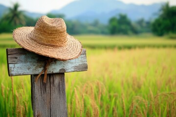 Rustic straw hat perched on weathered wooden post in a golden rice paddy.