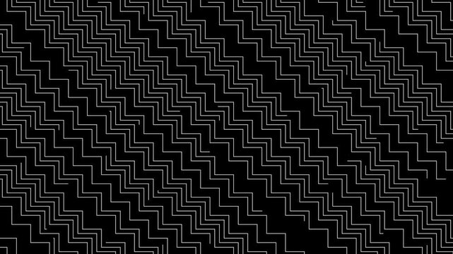 Animation pattern set, seamless loop moving lines, abstract zig zag stripes, black and white motion graphics collection for overlay and decorative purposes.
