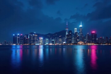 Dark blue water with city lights reflected, skyscrapers shining brightly in the night, urban landscape, darkness