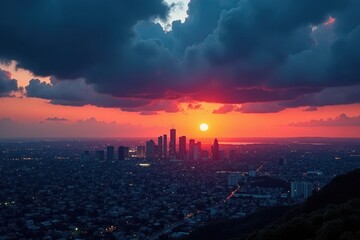 Dark clouds gather above a desolate cityscape at dusk , dark, destruction