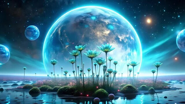Futuristic Alien Planet with Glowing Flowers 4K Stock Video.

