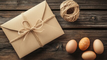 Fototapeta premium Rustic Easter card with natural twine and kraft paper envelope