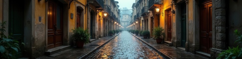 Obraz premium Rain-soaked cobblestone street, ancient buildings, serene ambiance, photography, pictures