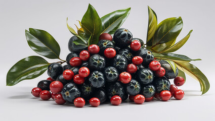 Assorted Berries With Shiny Leaves A Fresh Natural Food Still Life