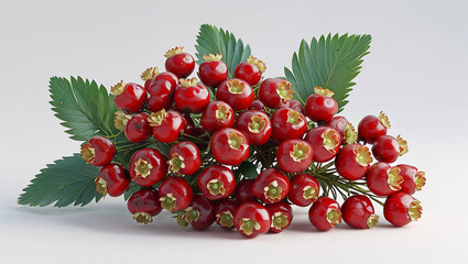 Decorative Red Berries With Green Leaves On White Background For Creative Projects