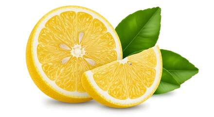 Fototapeta premium AI image illustration of a juicy yellow lemon, sliced in half and a wedge, accompanied by fresh green leaves isolated white.