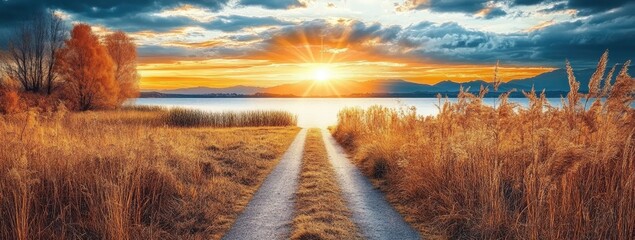 Serene sunset over calm lake, dirt road leads to golden horizon