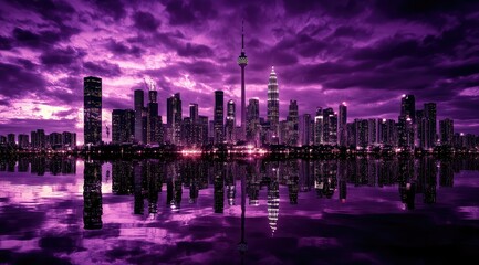 Fototapeta premium Purple-hued city skyline reflected in calm water at dusk